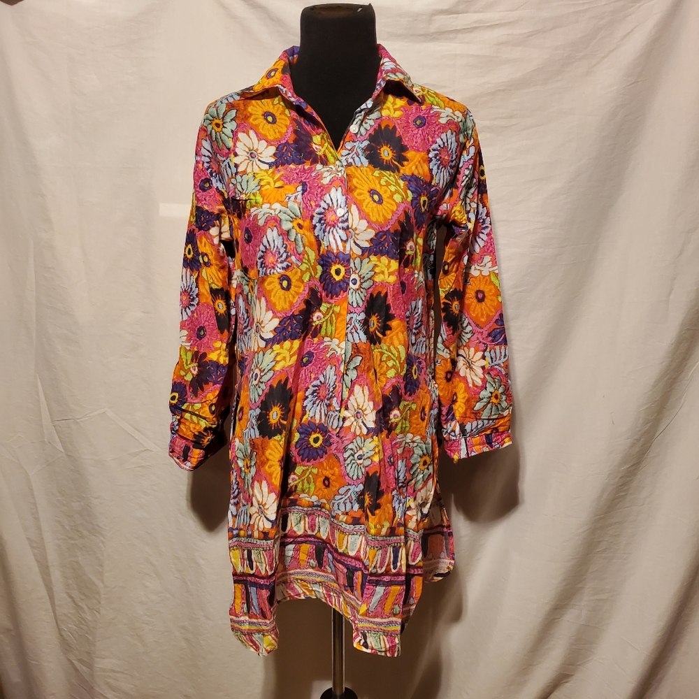 Naudic Lightweight long sleeve Floral Tunic Shirt Dress Coverup M